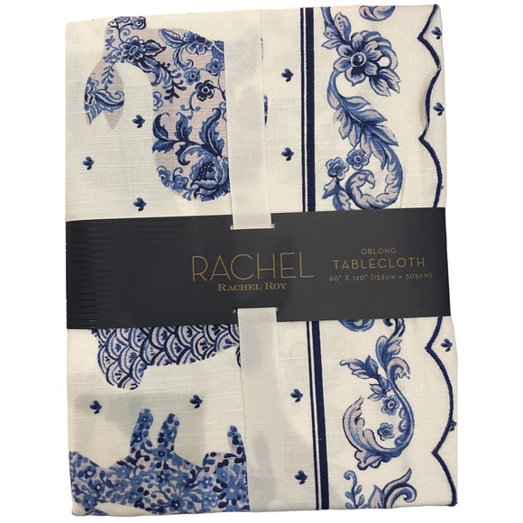 RACHEL ROY Chinoiserie Blue EASTER Bunny 60X84 Oblong Tablecloth NEW - Picture 5 of 7